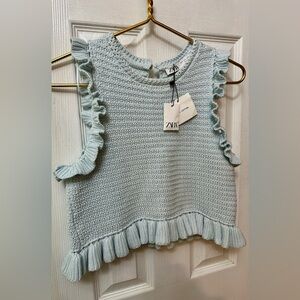 Zara 100% Cotton Pale Blue Ruffle Knit Top, Small